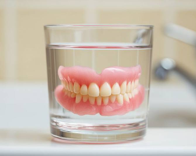 Dentures in water on bathroom counter